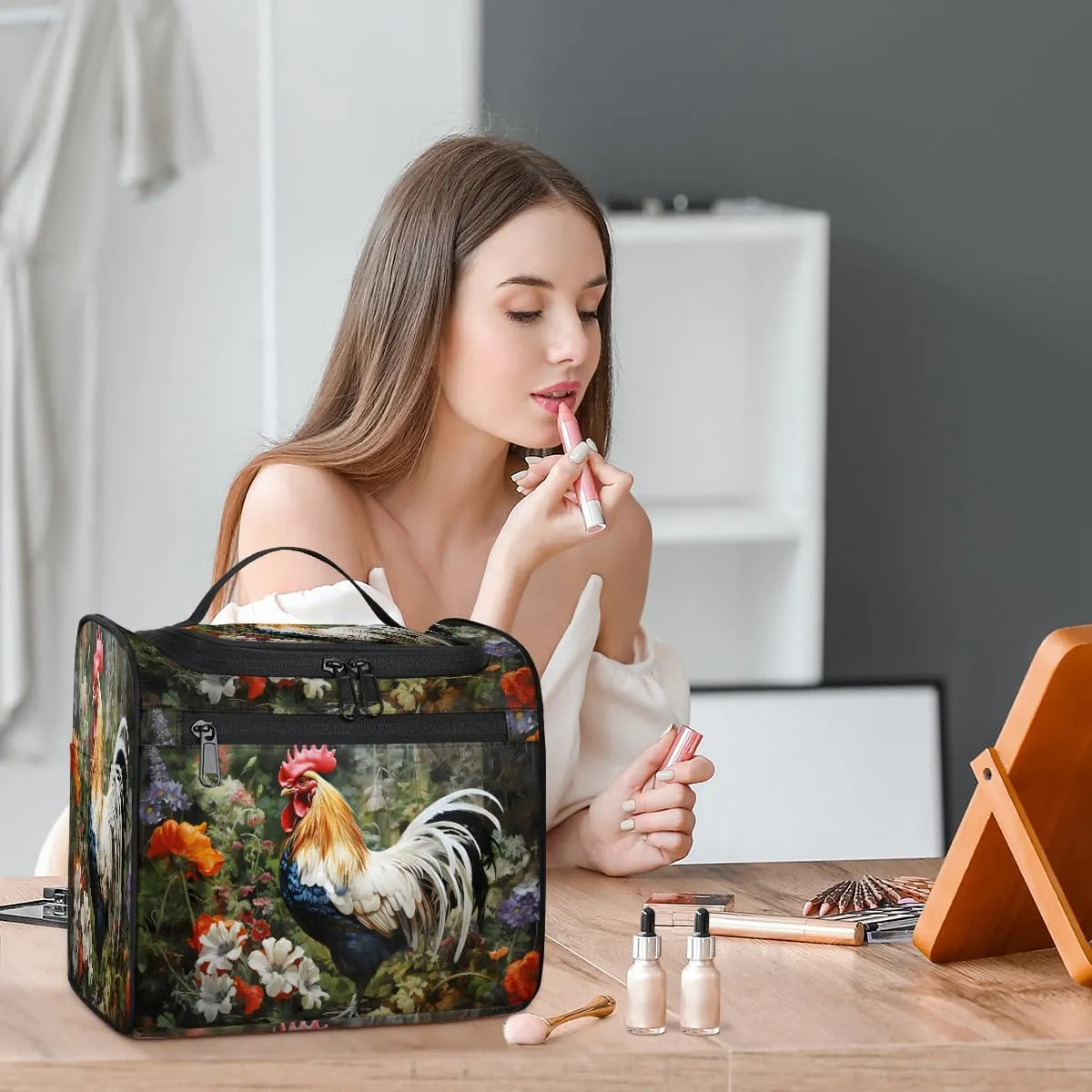 Rooster Spring Flowers Travel Toiletry Bag for Men and Women, Large Hanging Makeup Bag Organizer Toiletries Bag for Travel, Cosmetic Bag with Handle