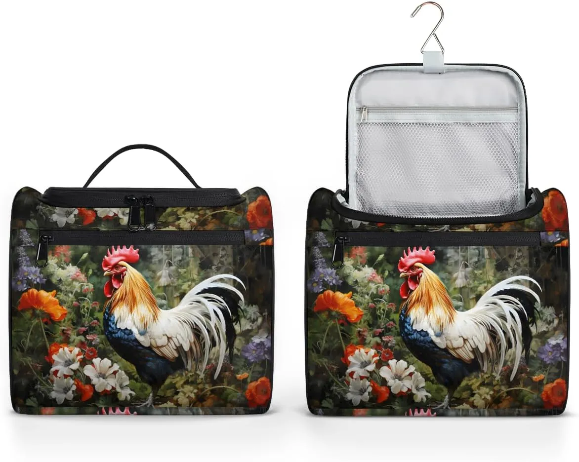 Rooster Spring Flowers Travel Toiletry Bag for Men and Women, Large Hanging Makeup Bag Organizer Toiletries Bag for Travel, Cosmetic Bag with Handle