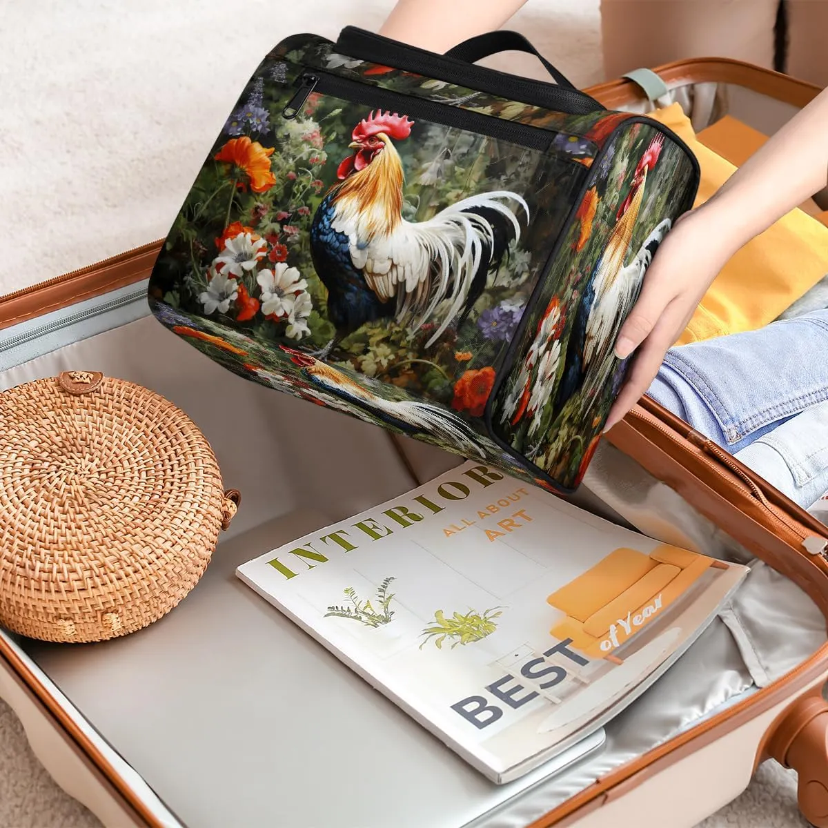 Rooster Spring Flowers Travel Toiletry Bag for Men and Women, Large Hanging Makeup Bag Organizer Toiletries Bag for Travel, Cosmetic Bag with Handle