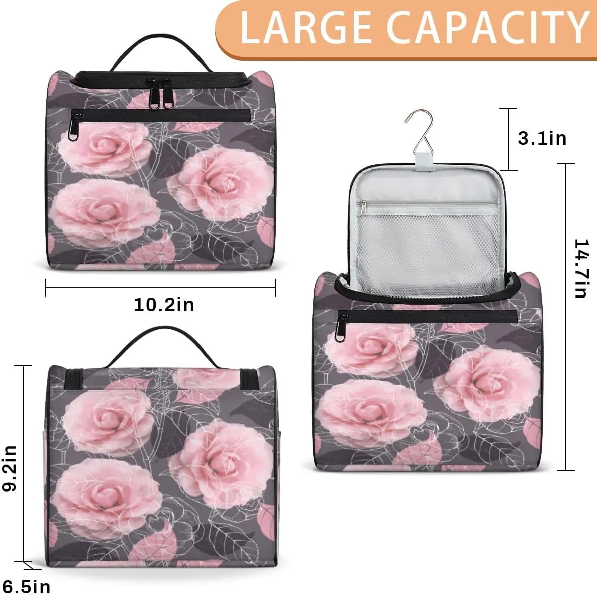 Rose Paint Hanging Toiletry Bag for Men Women Travel Cosmetic Makeup Organizer Bag Water Resistant Large Portable Wash Case for Accessories, Toiletries, Cosmetics