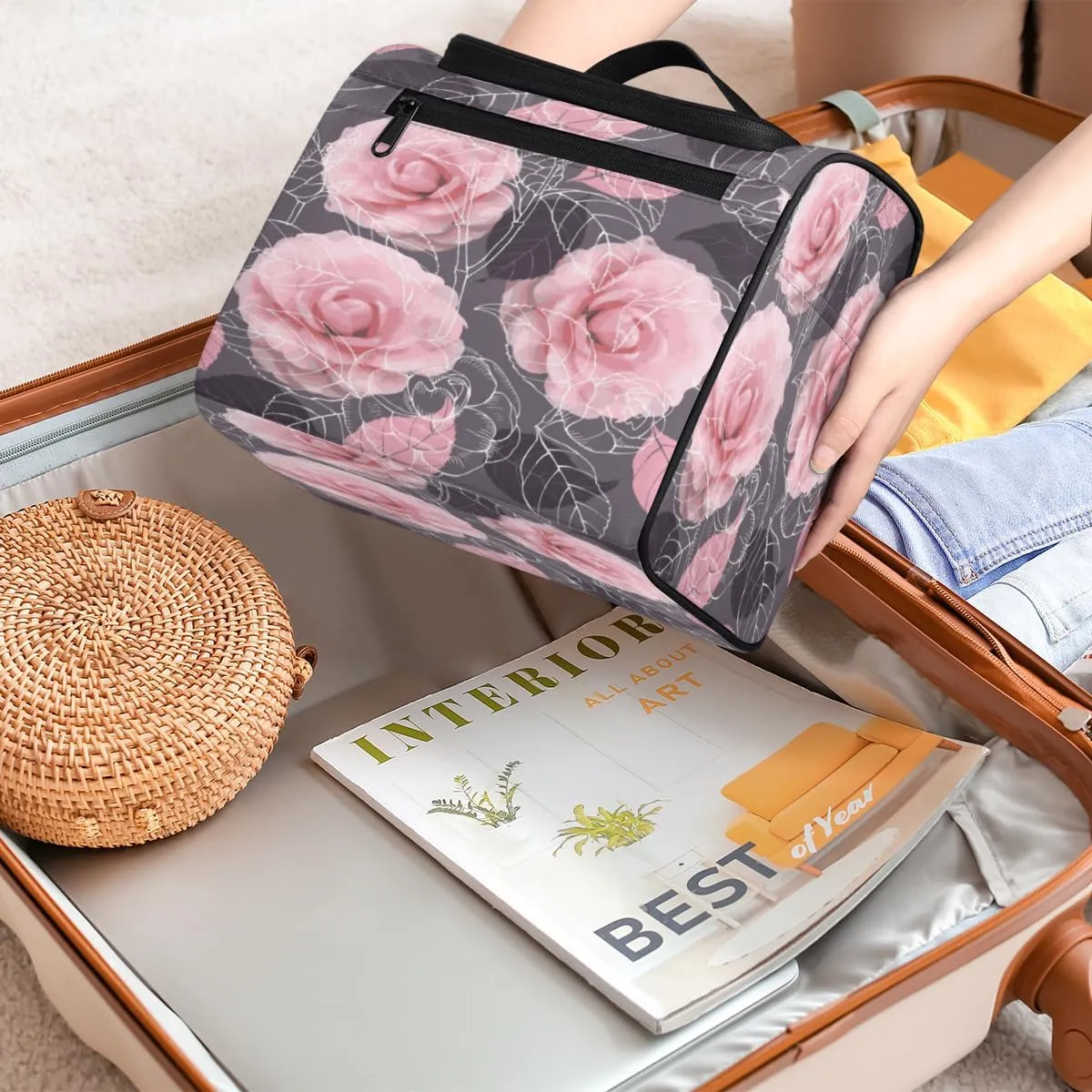 Rose Paint Hanging Toiletry Bag for Men Women Travel Cosmetic Makeup Organizer Bag Water Resistant Large Portable Wash Case for Accessories, Toiletries, Cosmetics
