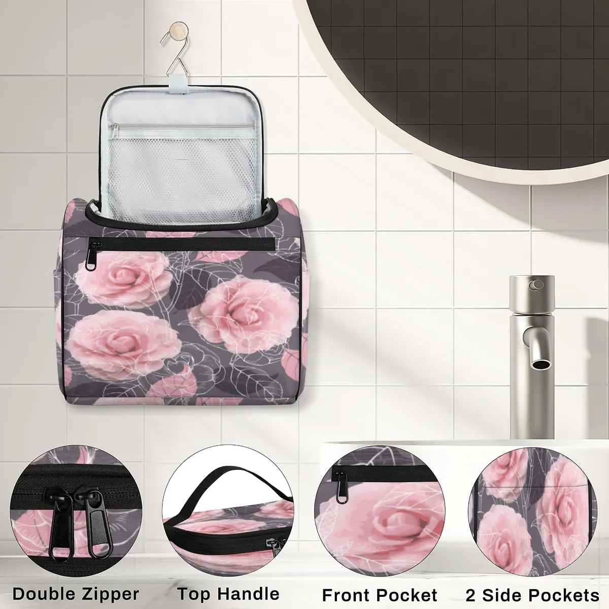 Rose Paint Hanging Toiletry Bag for Men Women Travel Cosmetic Makeup Organizer Bag Water Resistant Large Portable Wash Case for Accessories, Toiletries, Cosmetics