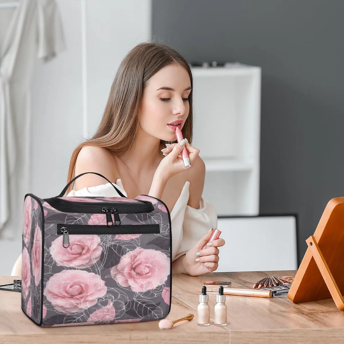 Rose Paint Hanging Toiletry Bag for Men Women Travel Cosmetic Makeup Organizer Bag Water Resistant Large Portable Wash Case for Accessories, Toiletries, Cosmetics