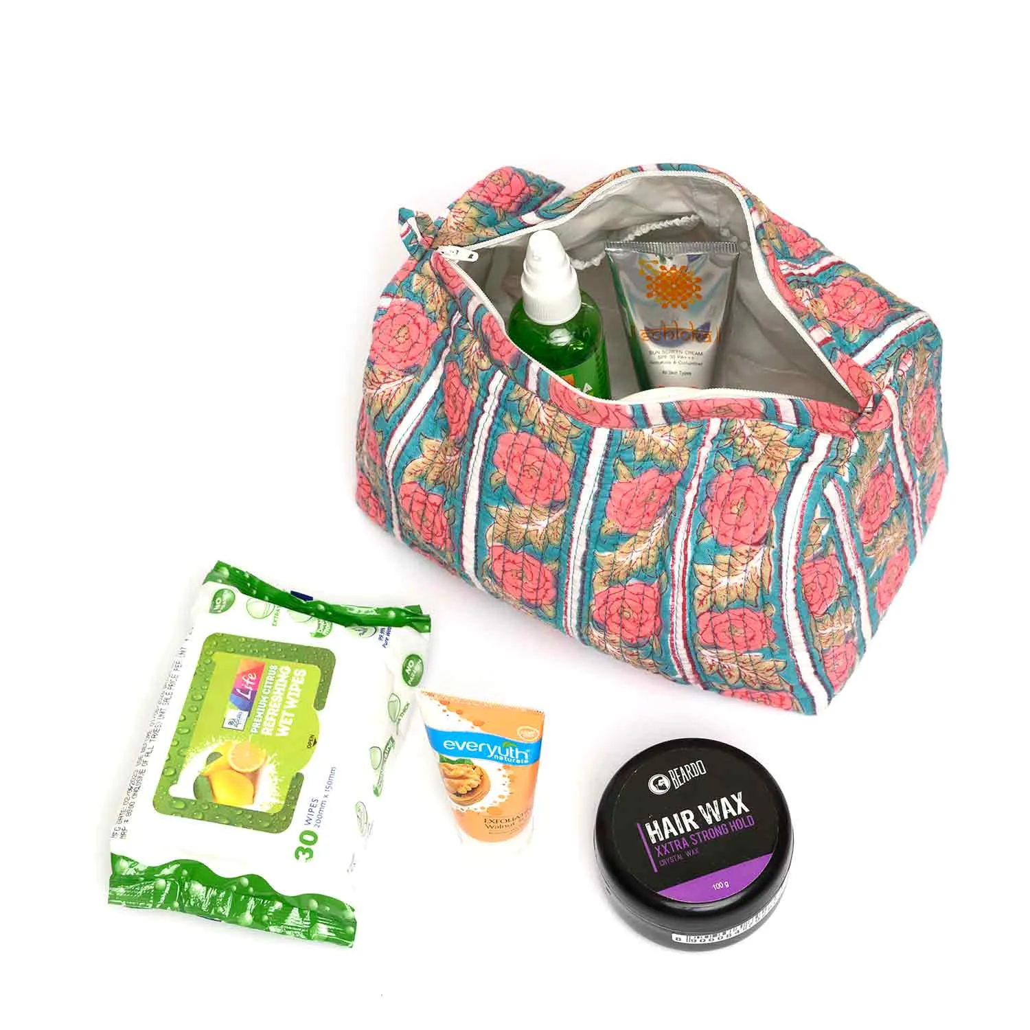 ROSE SHOWER TURQUOISE QUILTED TOILETRY POUCH