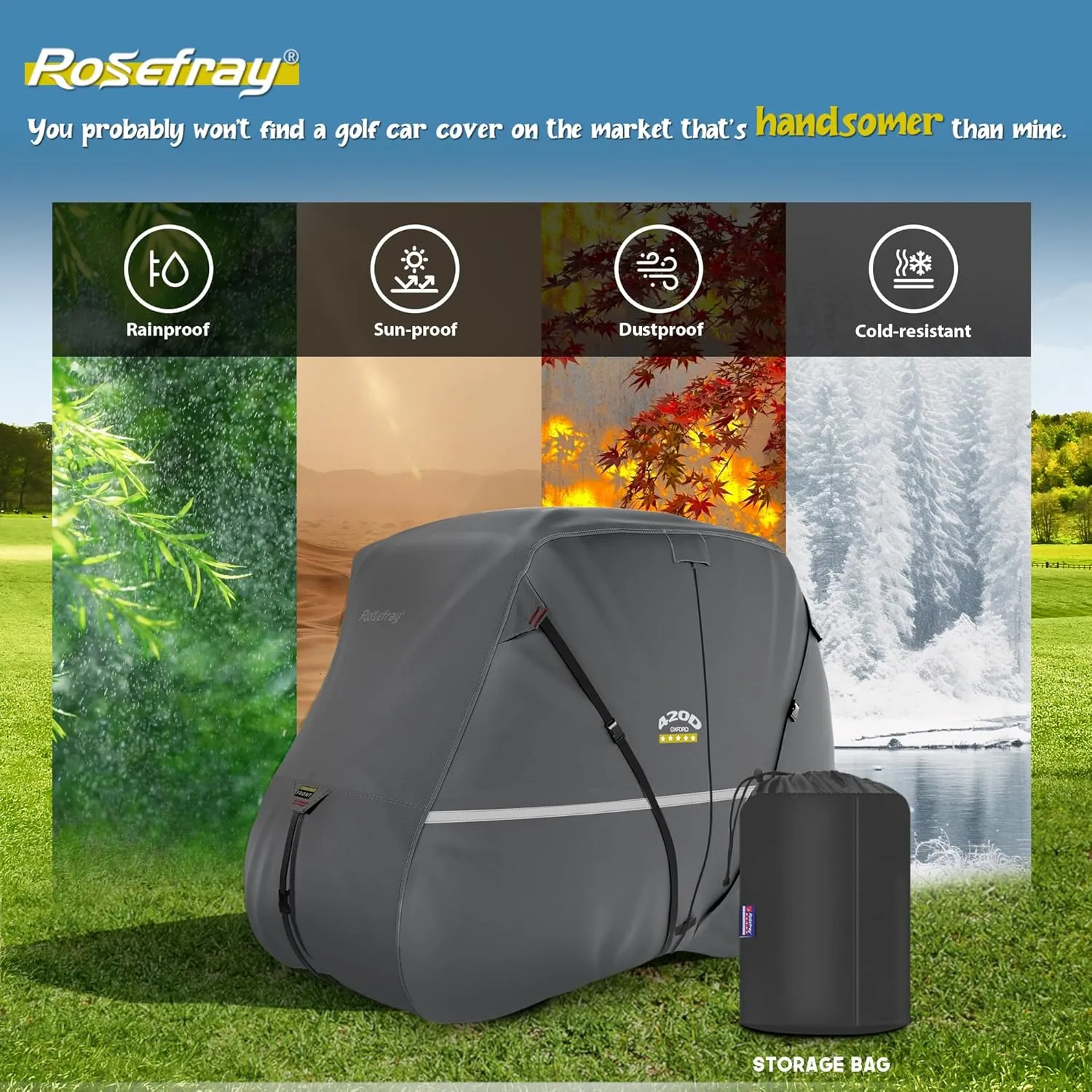 Rosefray Golf Cart Cover – Heavy-Duty 420D Oxford Fabric, Waterproof & Windproof Design – Fits Club Car, EZGO, Yamaha 2 2/4 Passenger Carts Gray