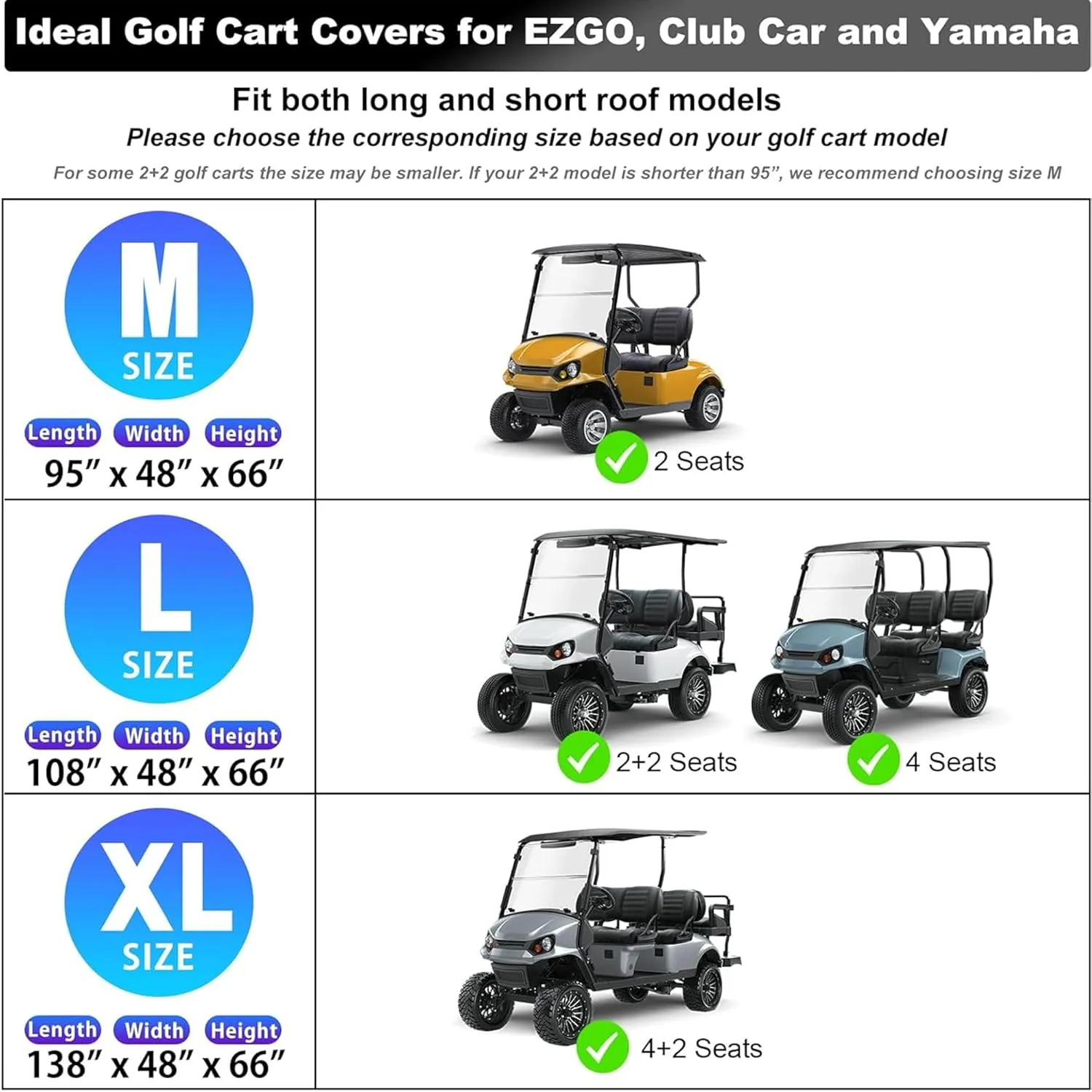 Rosefray Golf Cart Cover – Heavy-Duty 420D Oxford Fabric, Waterproof & Windproof Design – Fits Club Car, EZGO, Yamaha 2 2/4 Passenger Carts Gray