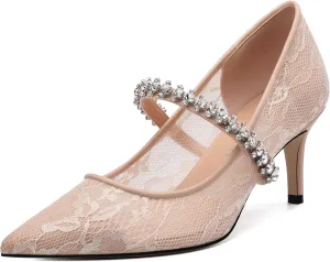 ROSERWISH Women's Closed Toe Rhinstone Wedding Low Heel Kitten Heels Pointed Toe Pumps High Heeled Prom Party Dress Shoes