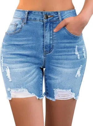 roswear Women’s Casual Summer Ripped High Waisted Denim Shorts Stretch Distressed Frayed Raw Hem Jean Shorts