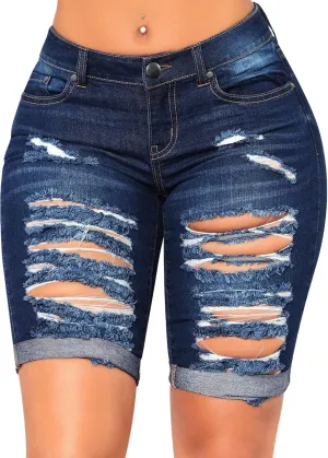 roswear Women's Distressed Knee Length Ripped Stretchy Jean Shorts