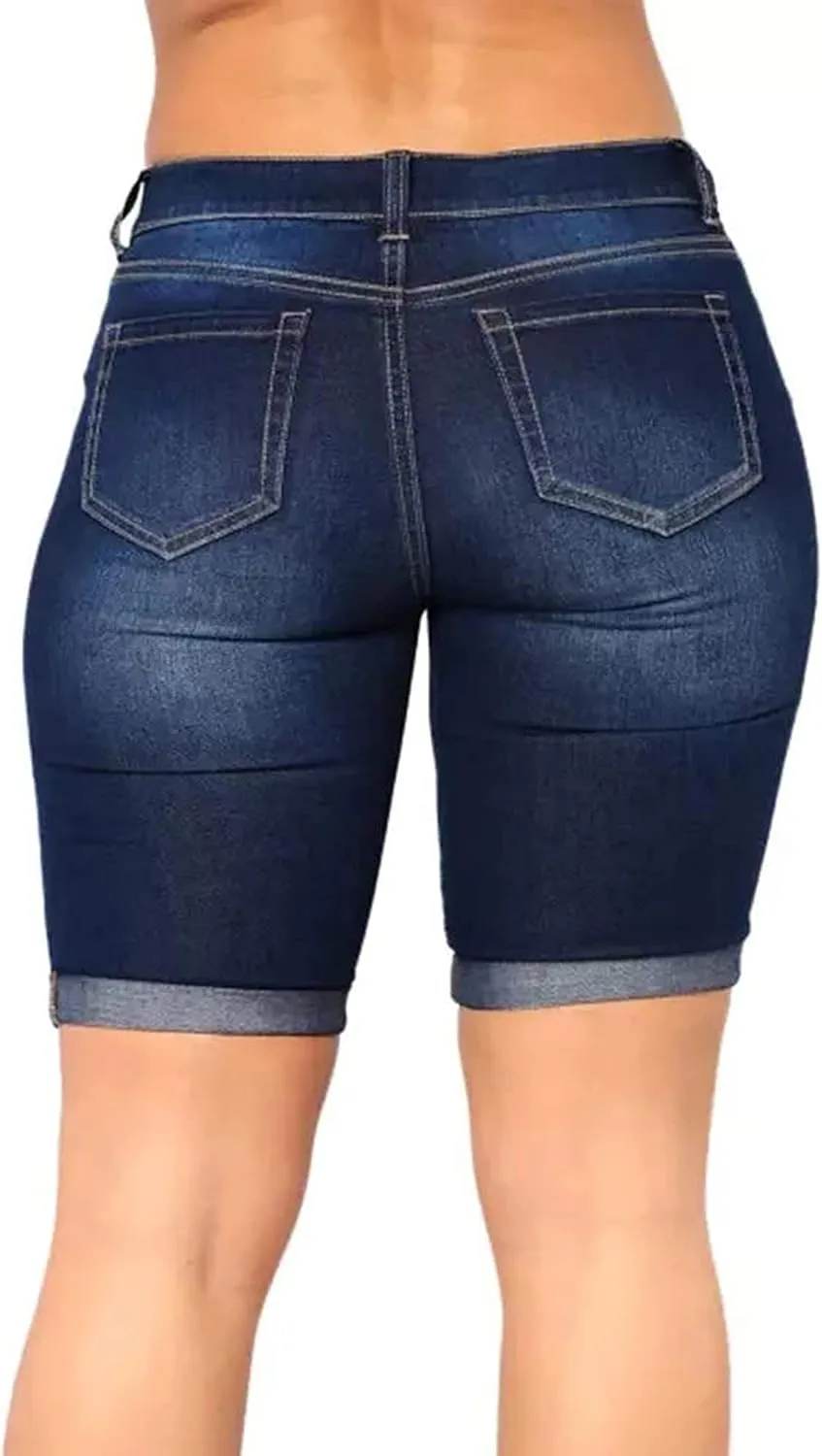 roswear Women's Distressed Knee Length Ripped Stretchy Jean Shorts