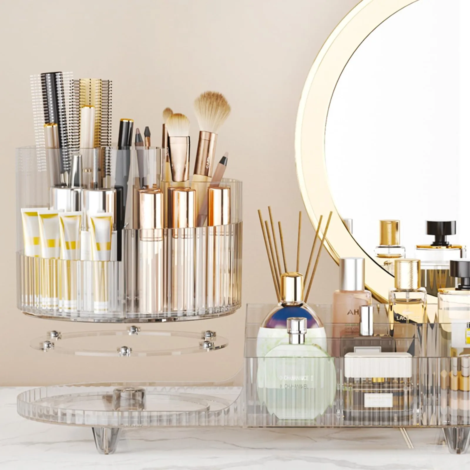 Rotating Makeup Organizer for Vanity with Brush Holder, Cosmetic Makeup Storage Organizer, Large Spinning Makeup Skincare Organizer, Countertop Makeup Perfume, Lotions Display Case (Transparent)