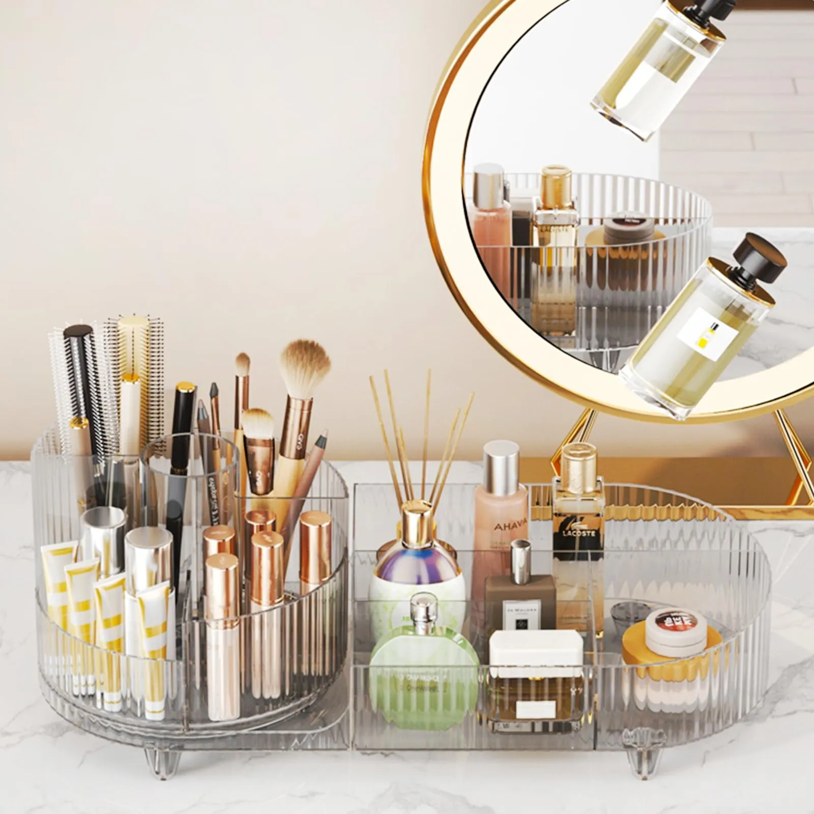 Rotating Makeup Organizer for Vanity with Brush Holder, Cosmetic Makeup Storage Organizer, Large Spinning Makeup Skincare Organizer, Countertop Makeup Perfume, Lotions Display Case (Transparent)