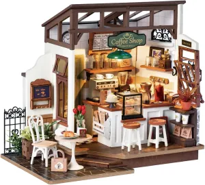 Rowood Miniature House Kit,DIY Miniature Dollhouse Kits for Adults to Build to Live in,Mayberry Street Miniatures,Wooden Adults Craft Kits,Mini Model Kits with LED,Birthday for Teens(NO.17 Cafe)