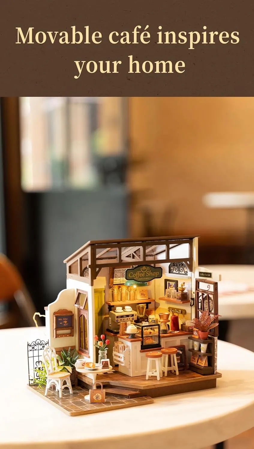 Rowood Miniature House Kit,DIY Miniature Dollhouse Kits for Adults to Build to Live in,Mayberry Street Miniatures,Wooden Adults Craft Kits,Mini Model Kits with LED,Birthday for Teens(NO.17 Cafe)