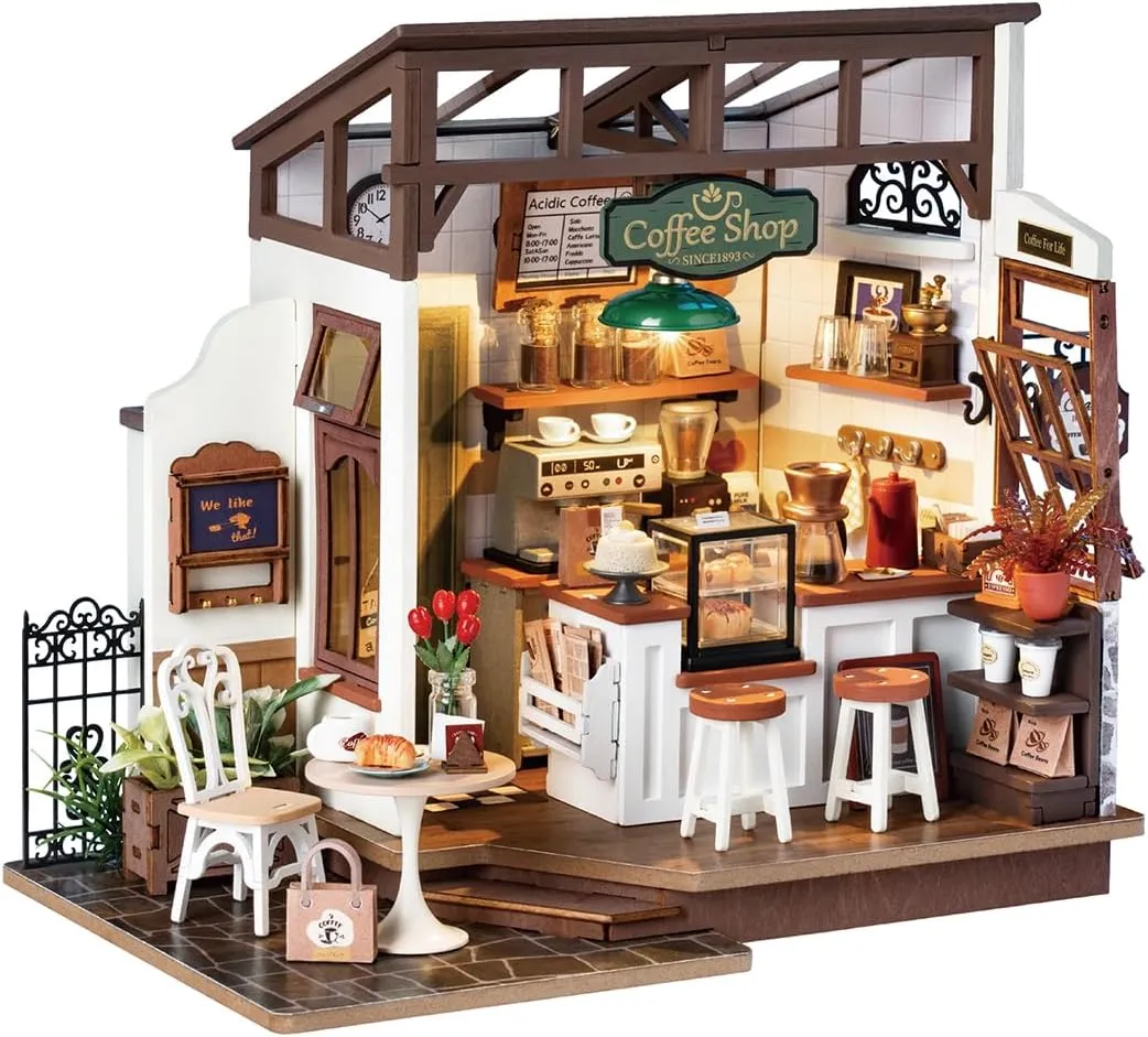 Rowood Miniature House Kit,DIY Miniature Dollhouse Kits for Adults to Build to Live in,Mayberry Street Miniatures,Wooden Adults Craft Kits,Mini Model Kits with LED,Birthday for Teens(NO.17 Cafe)
