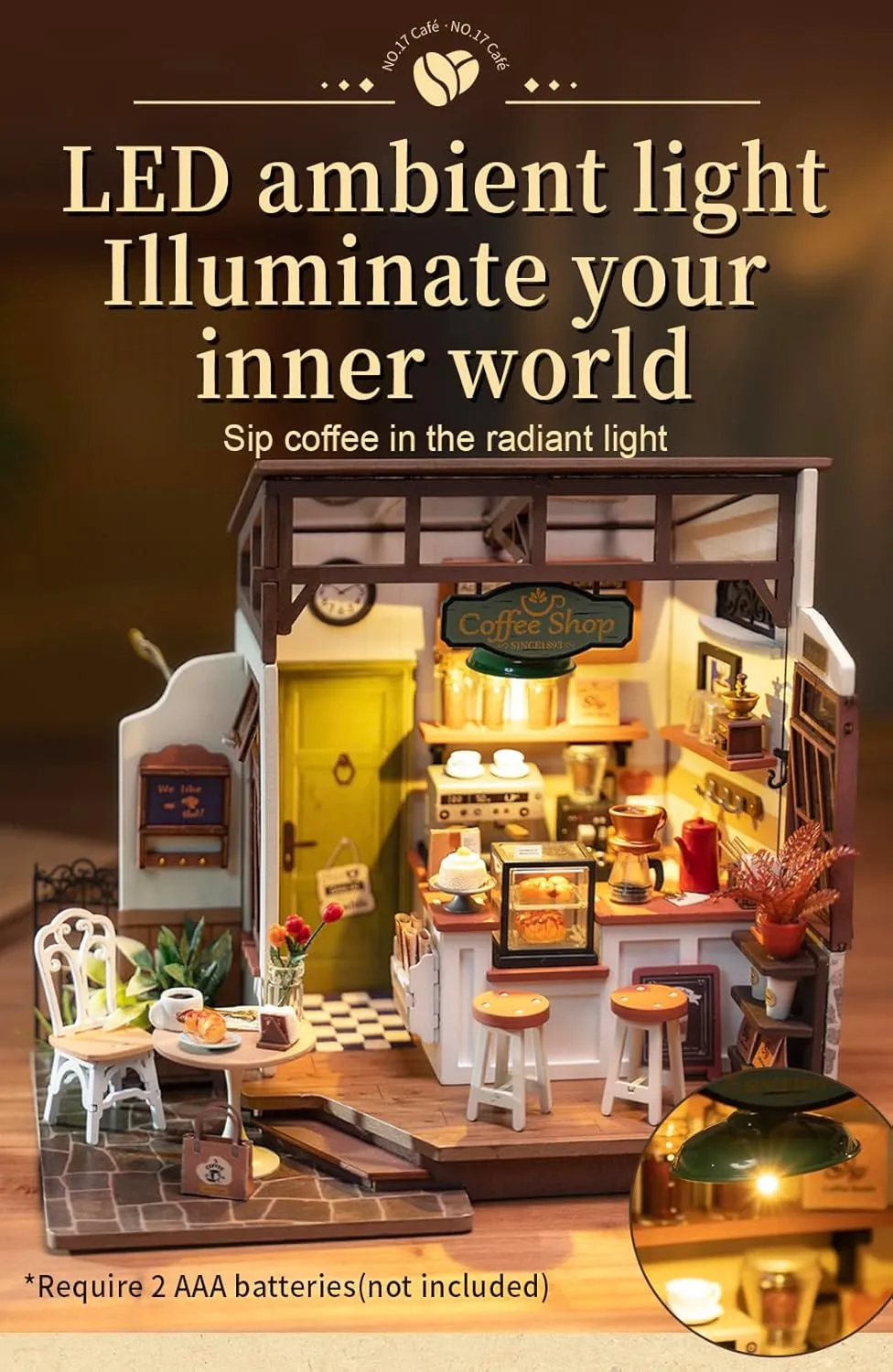 Rowood Miniature House Kit,DIY Miniature Dollhouse Kits for Adults to Build to Live in,Mayberry Street Miniatures,Wooden Adults Craft Kits,Mini Model Kits with LED,Birthday for Teens(NO.17 Cafe)