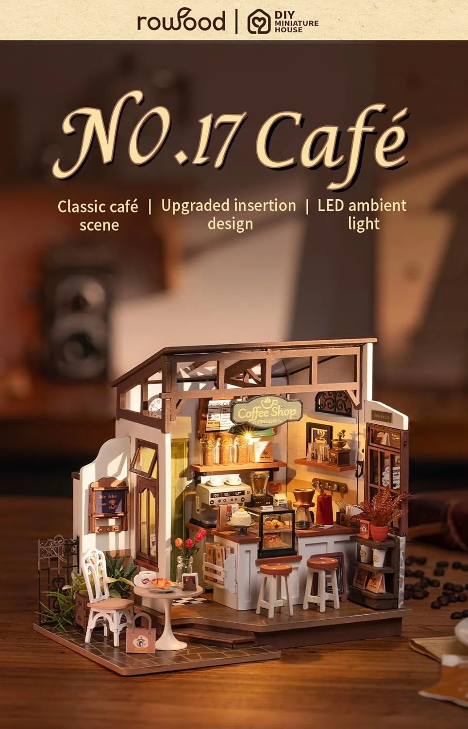 Rowood Miniature House Kit,DIY Miniature Dollhouse Kits for Adults to Build to Live in,Mayberry Street Miniatures,Wooden Adults Craft Kits,Mini Model Kits with LED,Birthday for Teens(NO.17 Cafe)