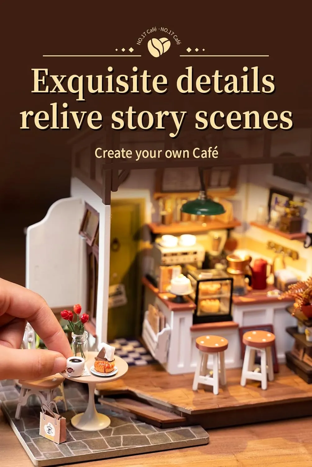 Rowood Miniature House Kit,DIY Miniature Dollhouse Kits for Adults to Build to Live in,Mayberry Street Miniatures,Wooden Adults Craft Kits,Mini Model Kits with LED,Birthday for Teens(NO.17 Cafe)