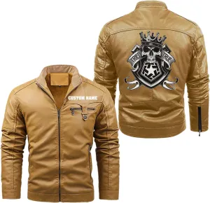 Royal Skull with Crown and Shield Emblem for Motorcycle Riders, Personalized Mens PU Leather Vest Coat Custom Jacket