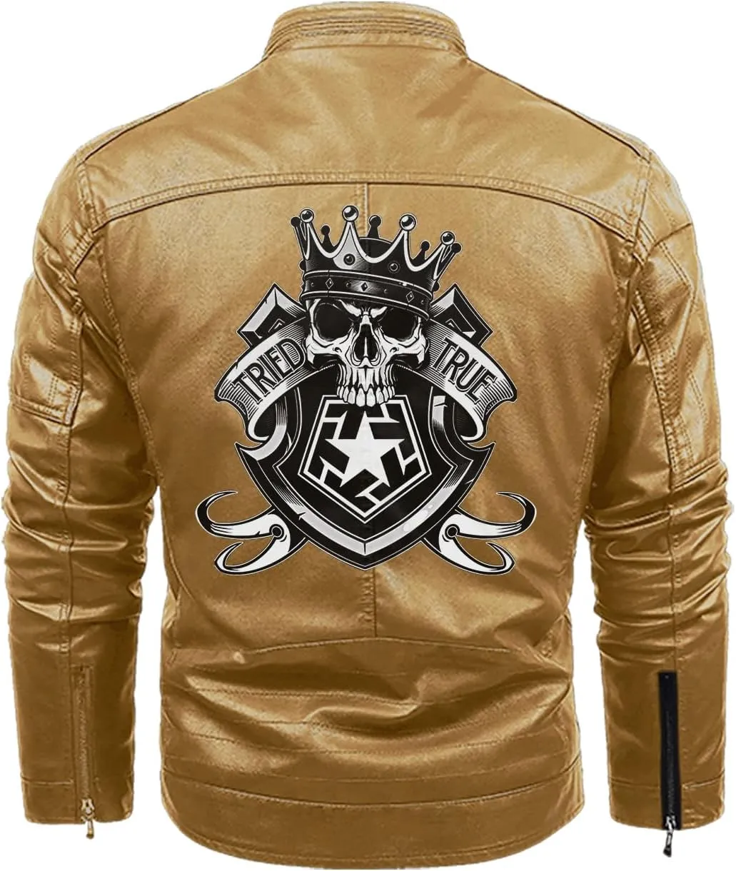 Royal Skull with Crown and Shield Emblem for Motorcycle Riders, Personalized Mens PU Leather Vest Coat Custom Jacket