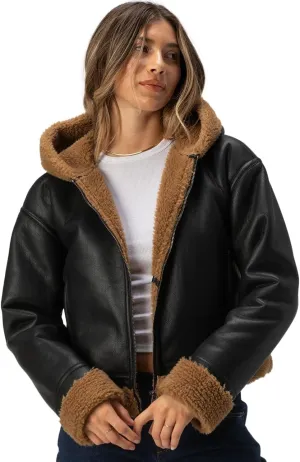 Rsq Womens Bonded Faux Leather Hooded Jacket
