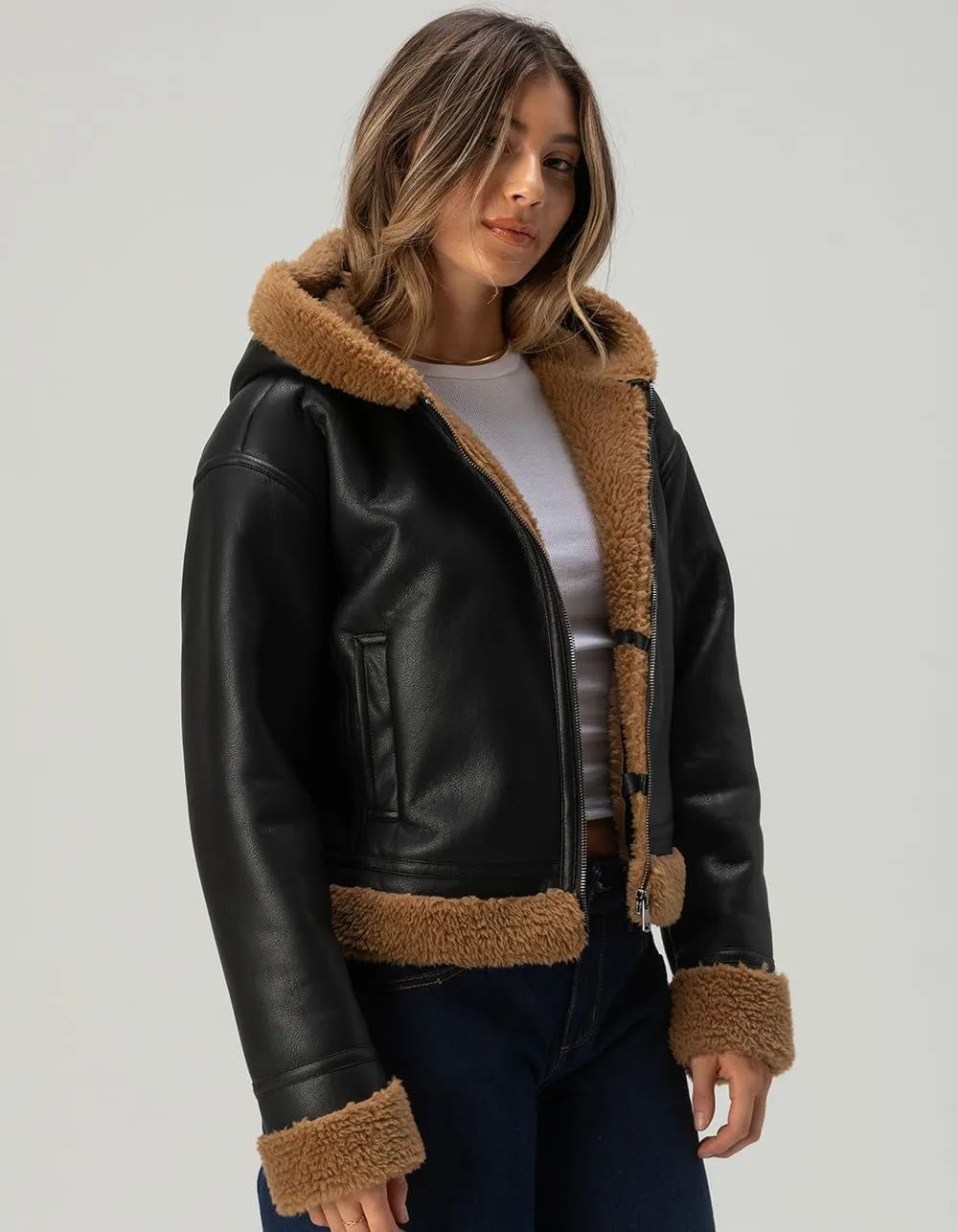 Rsq Womens Bonded Faux Leather Hooded Jacket