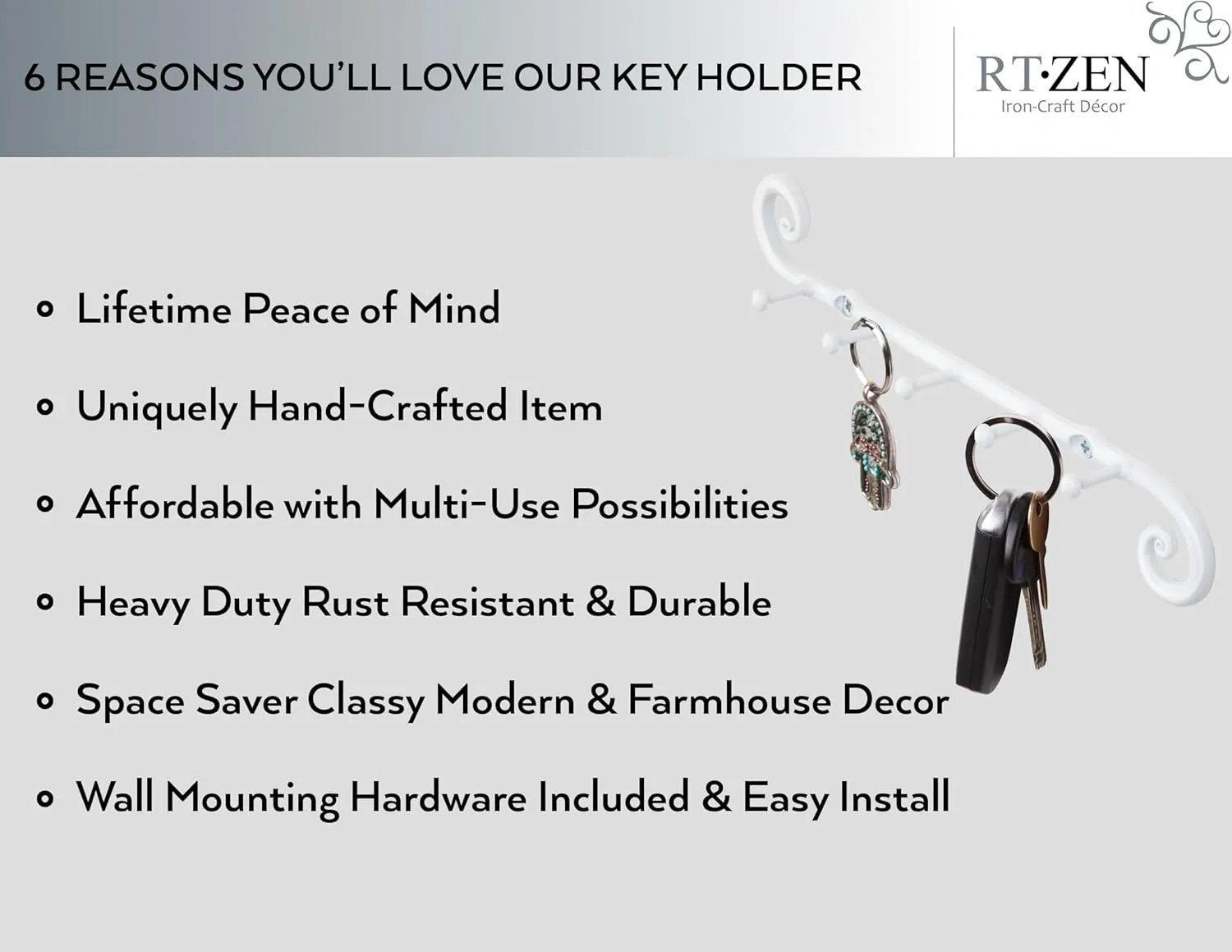 RTZEN Farmhouse Small Key Holder for Wall - Handcrafted Swirl Decorative 5 Key Hooks for Home Entryway - Wrought Iron Wall Mount Rack Purse Coat and Leash Holder or Organizer (Classic White)