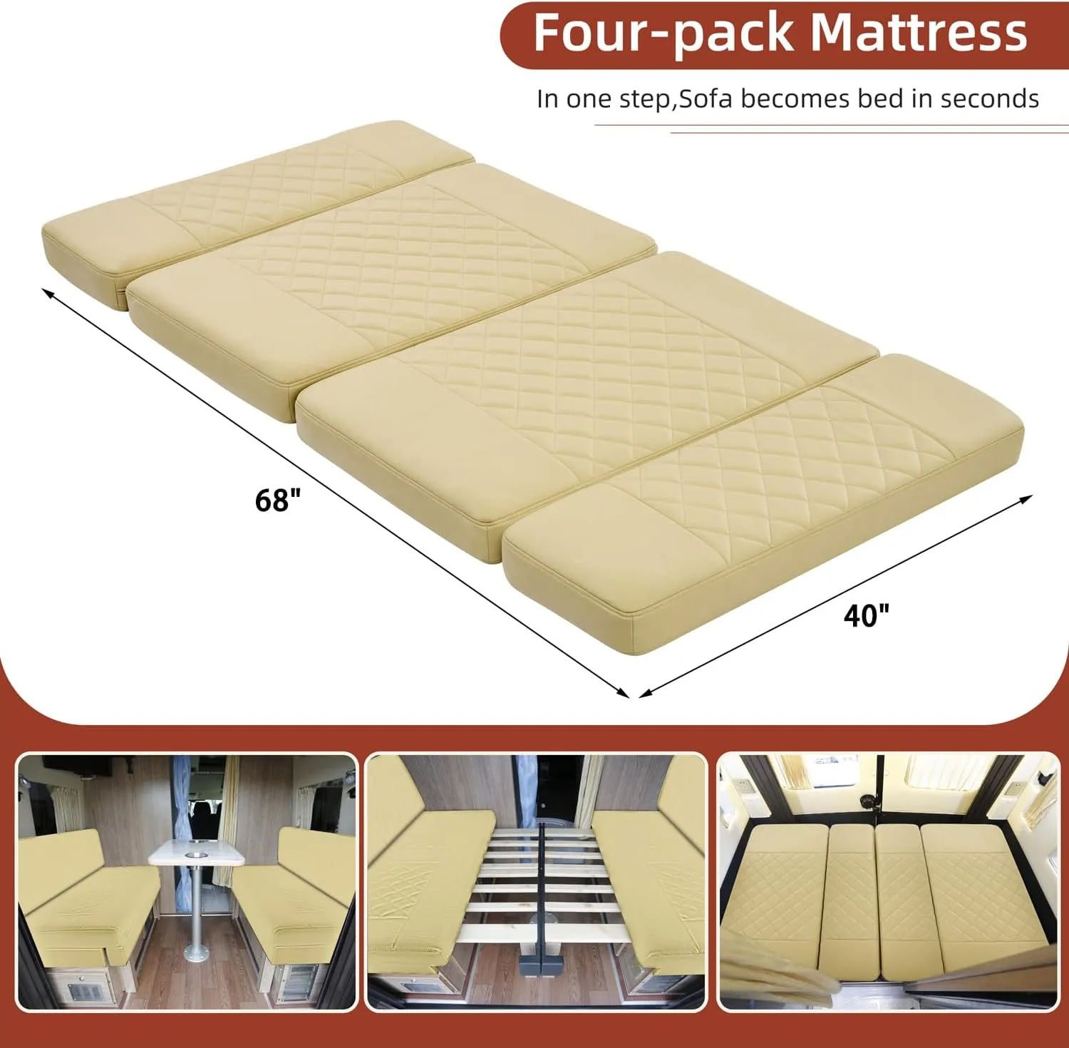 RV Dinette Cushions,2 Sets of PU Leather Replacement Camper Cushions Includes 2 Booth Seats and 2 Backrests for RV,Camper,Trailer Bed (Beige,40")