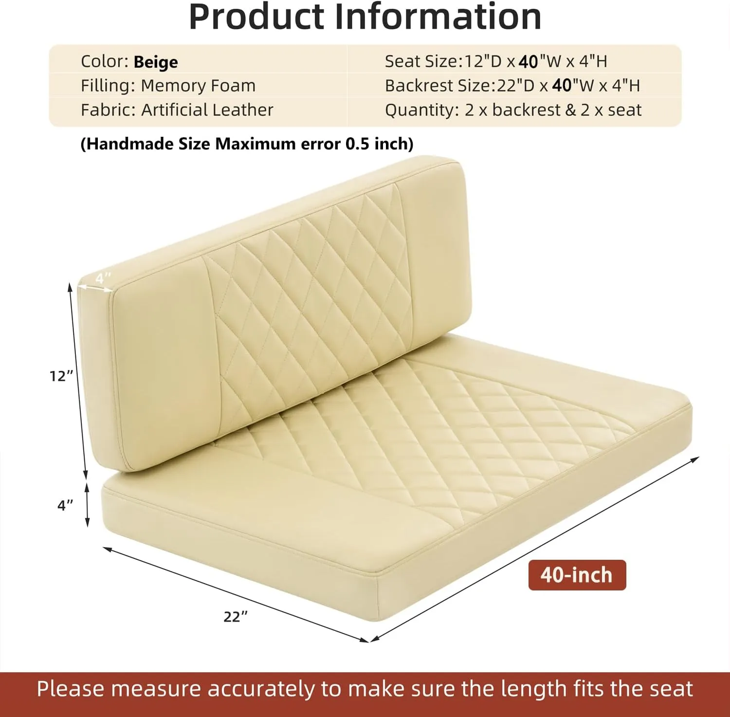 RV Dinette Cushions,2 Sets of PU Leather Replacement Camper Cushions Includes 2 Booth Seats and 2 Backrests for RV,Camper,Trailer Bed (Beige,40")