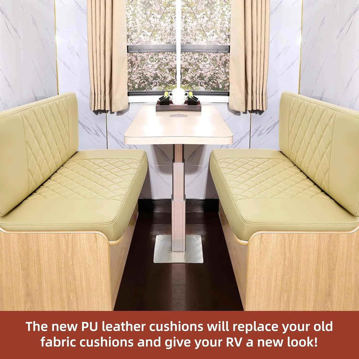 RV Dinette Cushions,2 Sets of PU Leather Replacement Camper Cushions Includes 2 Booth Seats and 2 Backrests for RV,Camper,Trailer Bed (Beige,40")