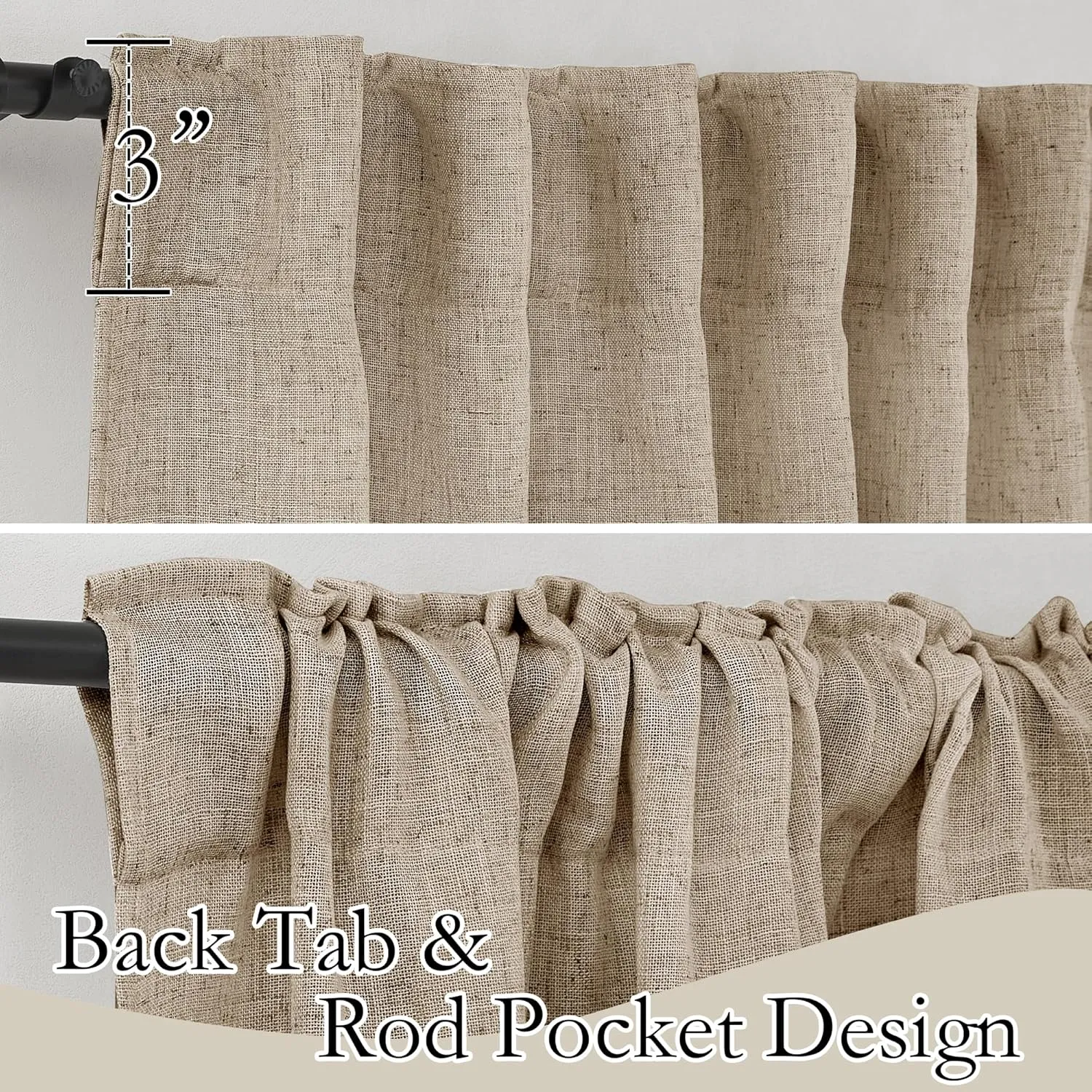 RYB HOME Khaki Linen Curtains 95 inches, Rod Pocket & Back Tab Linen Blend Boho Elegant Light Filtering Stain Resistant Privacy Protected Panels for Dining Room, 52" W, 2 Panels