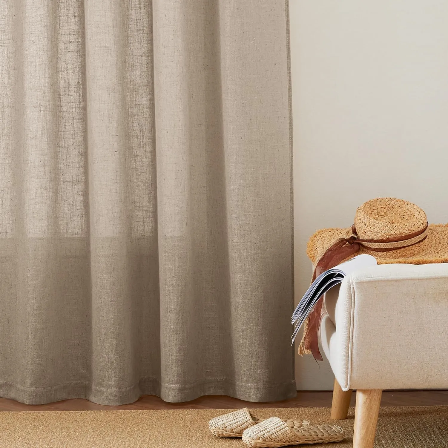 RYB HOME Khaki Linen Curtains 95 inches, Rod Pocket & Back Tab Linen Blend Boho Elegant Light Filtering Stain Resistant Privacy Protected Panels for Dining Room, 52" W, 2 Panels