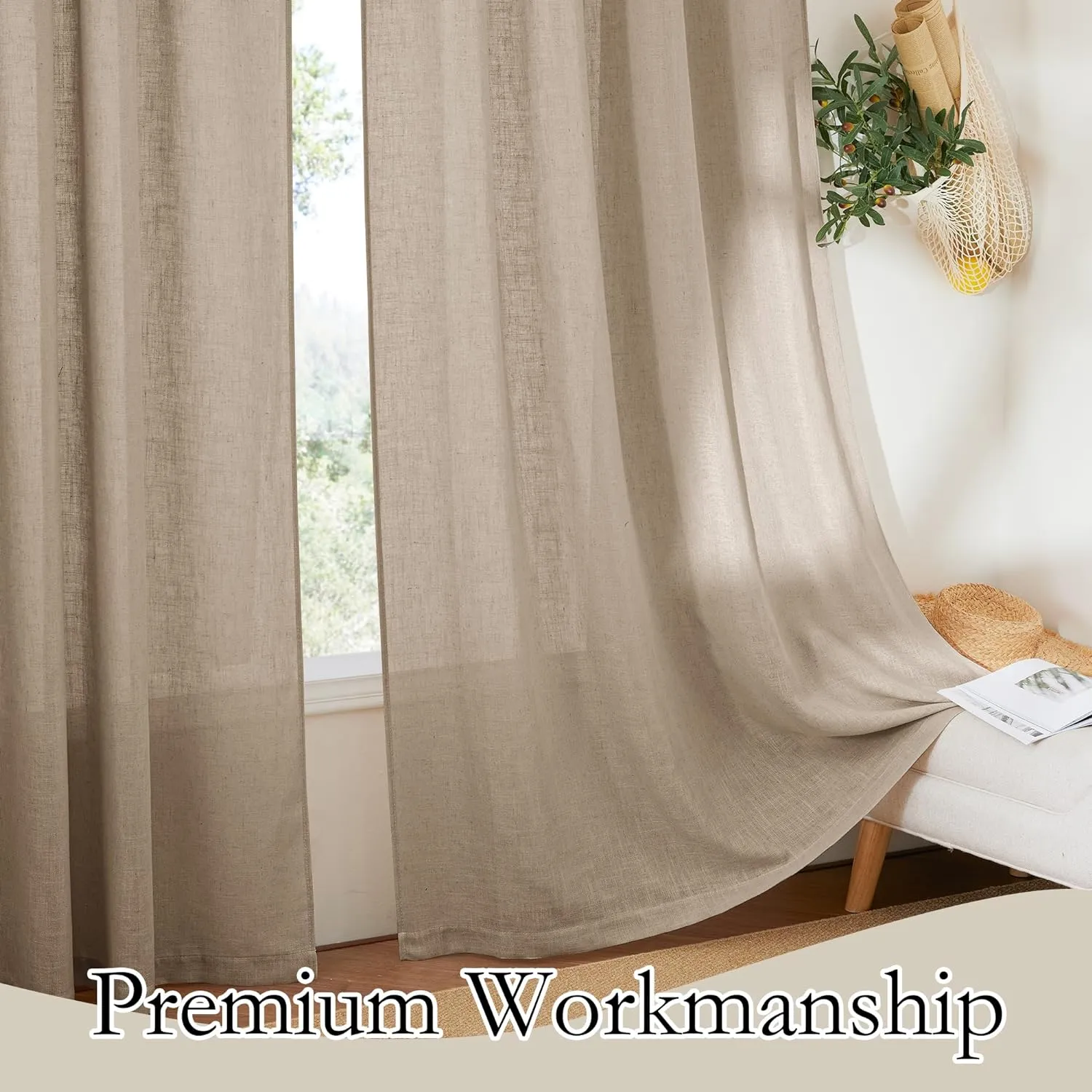 RYB HOME Khaki Linen Curtains 95 inches, Rod Pocket & Back Tab Linen Blend Boho Elegant Light Filtering Stain Resistant Privacy Protected Panels for Dining Room, 52" W, 2 Panels
