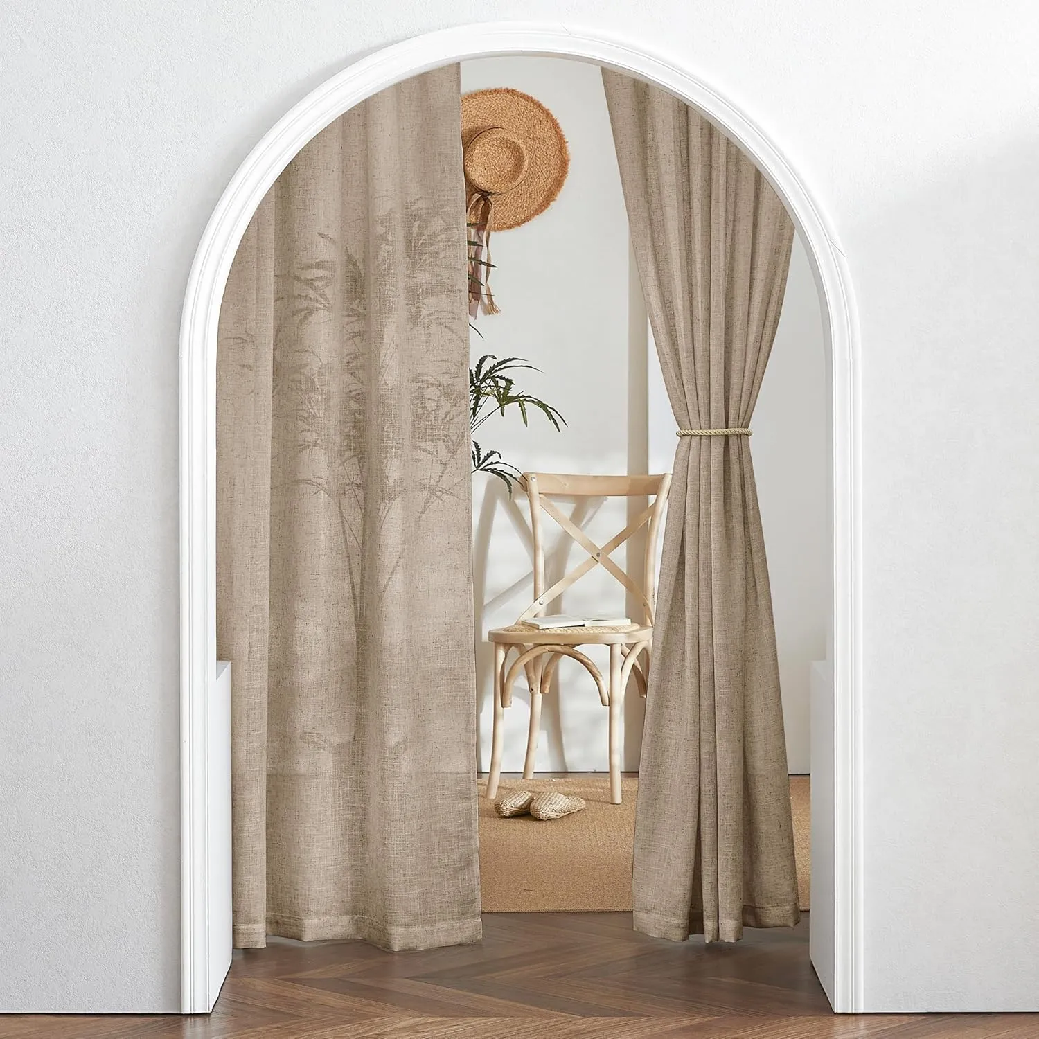 RYB HOME Khaki Linen Curtains 95 inches, Rod Pocket & Back Tab Linen Blend Boho Elegant Light Filtering Stain Resistant Privacy Protected Panels for Dining Room, 52" W, 2 Panels
