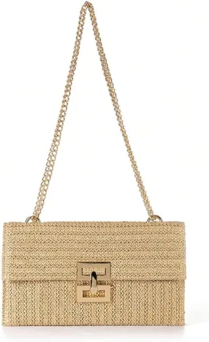 S-P1 Straw Clutch Purses for Women Summer Beach Handbags Boho Woven Envelope Wallet Flap Over Chain Cross-body Shoulder Bag Cell Phone Evening Bag.