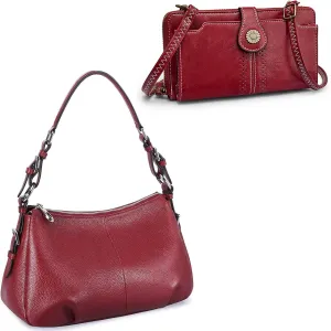 S-ZONE Genuine Leather Hobo Bag Bundle with RFID Blocking Women Corssbody Cellphone Purse Wallet