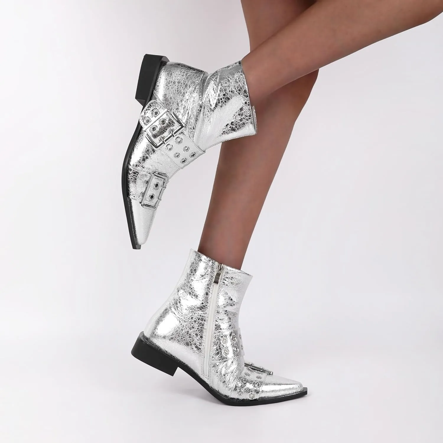 SAMMITOP Women's Ankle Boot Chunky Low Heel Dress Ankle Boots Classic Pointed Toe Side Zipper Chelsea Booties with Metal Buckle Eyelet 1.2 Inch