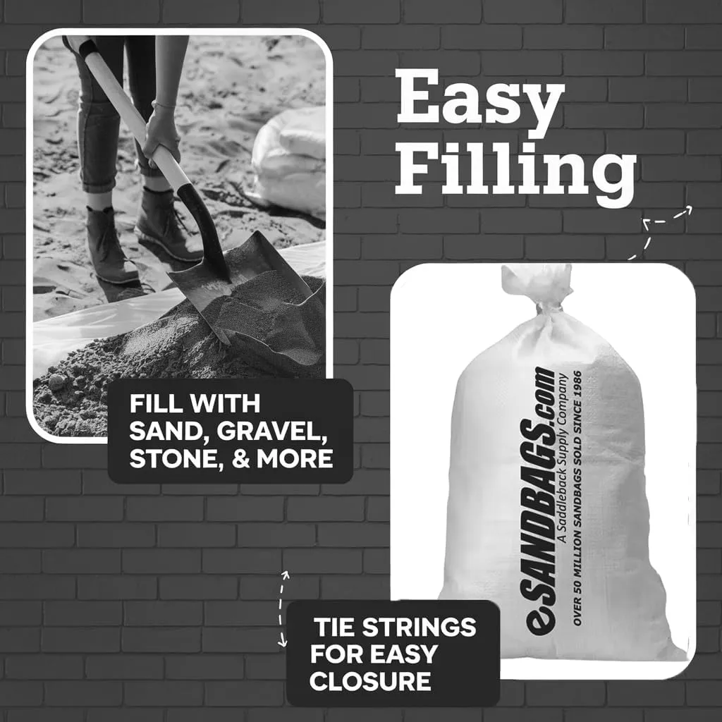 SAND BAGS - Heavy Duty Sandbags with Tie Strings | Empty Woven Polypropylene Bags for Flood Control, UV Resistant, 50 lb Capacity, 14x26 inches, (50 empty eSandbags)
