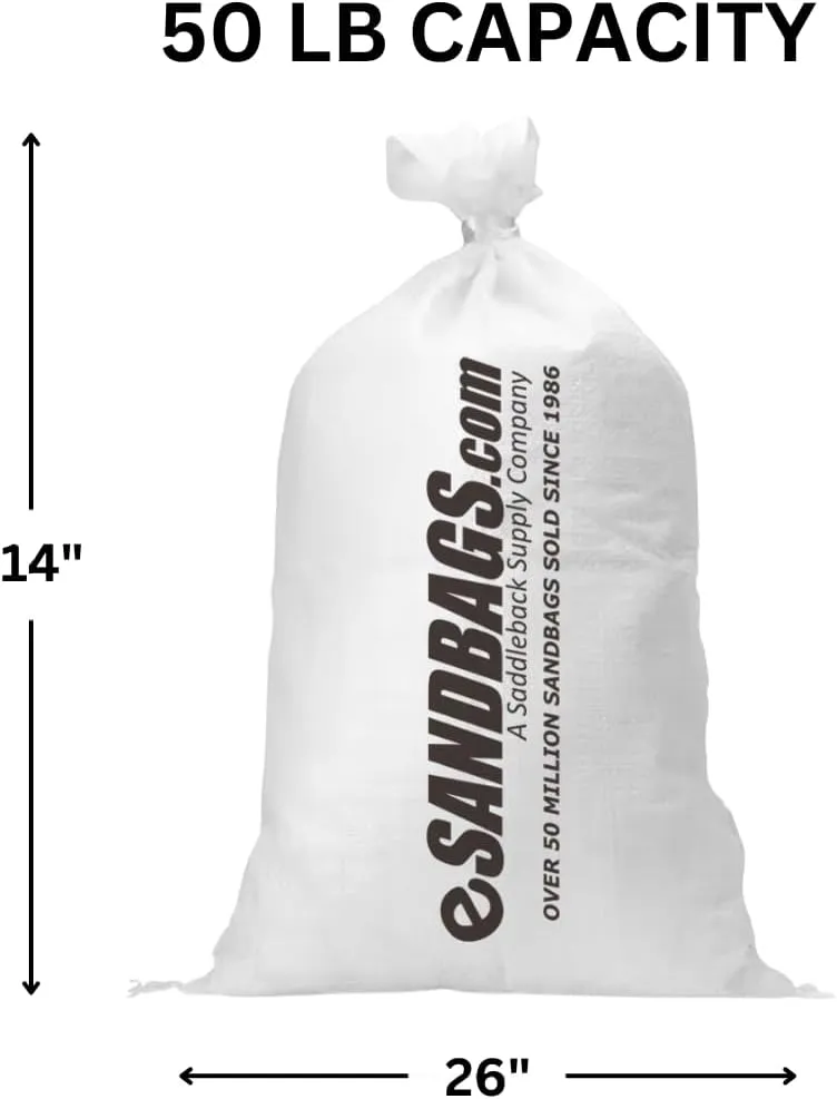 SAND BAGS - Heavy Duty Sandbags with Tie Strings | Empty Woven Polypropylene Bags for Flood Control, UV Resistant, 50 lb Capacity, 14x26 inches, (50 empty eSandbags)