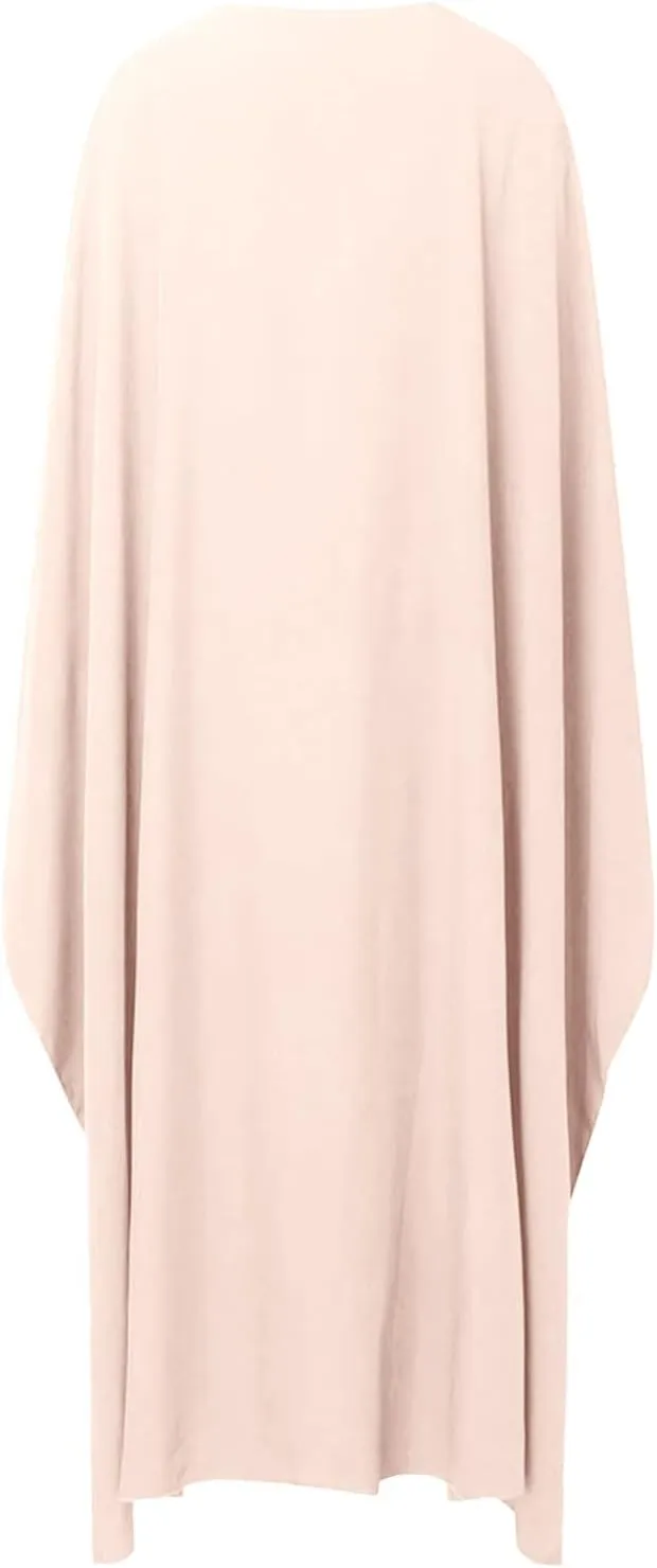 Satin Party Dress Robe Abaya Muslim Women Elegant Solid Round Neck Bat Sleeves Loose Turban for Men Head