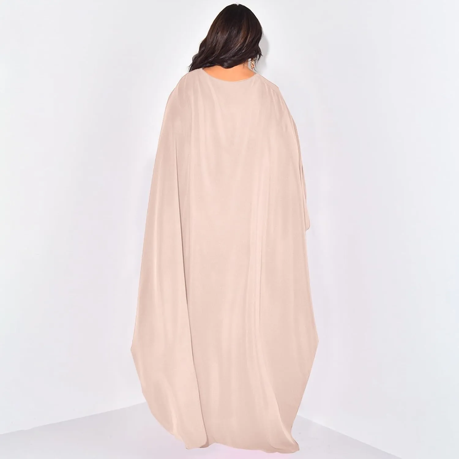 Satin Party Dress Robe Abaya Muslim Women Elegant Solid Round Neck Bat Sleeves Loose Turban for Men Head