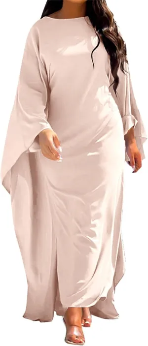Satin Party Dress Robe Abaya Muslim Women Elegant Solid Round Neck Bat Sleeves Loose Turban for Men Head
