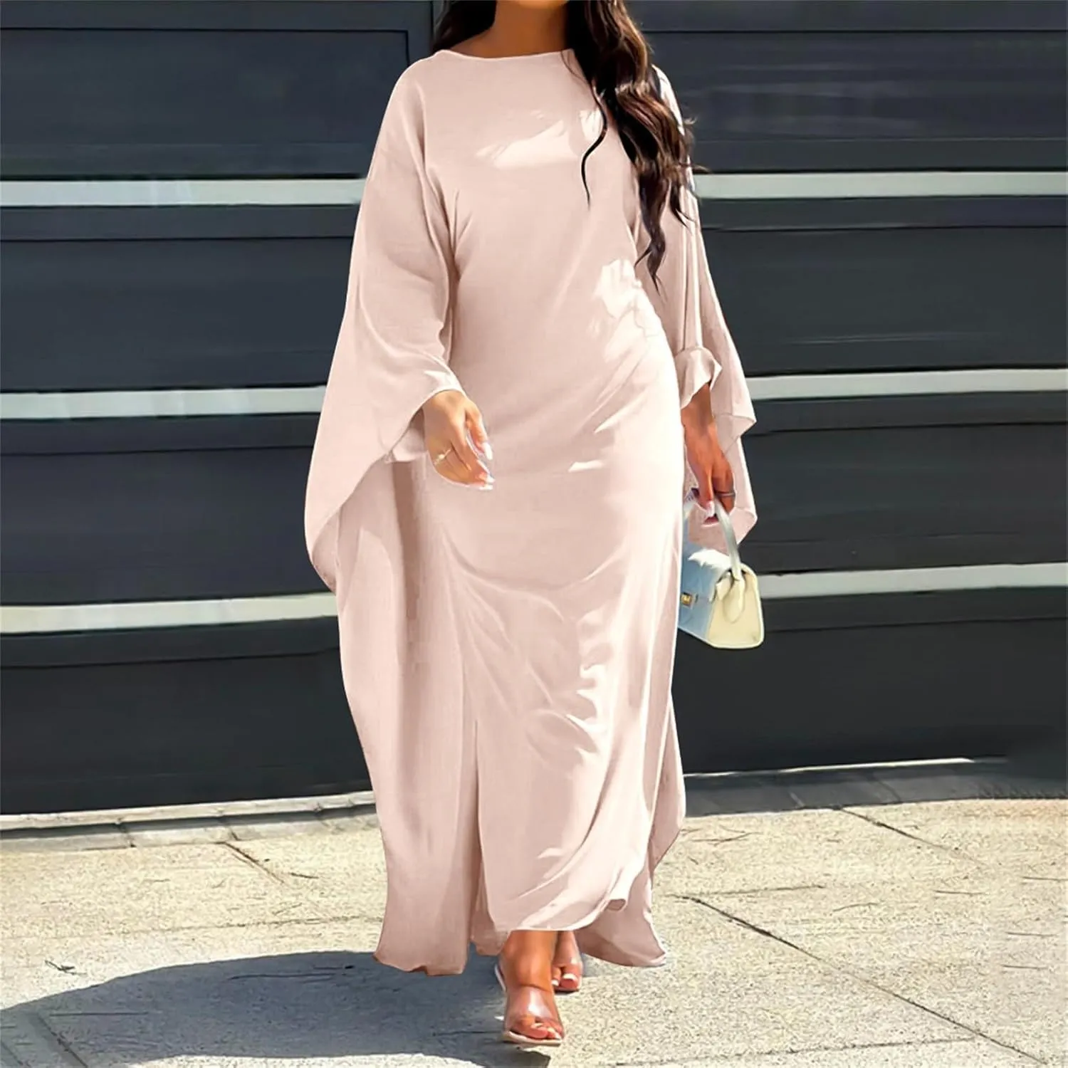Satin Party Dress Robe Abaya Muslim Women Elegant Solid Round Neck Bat Sleeves Loose Turban for Men Head