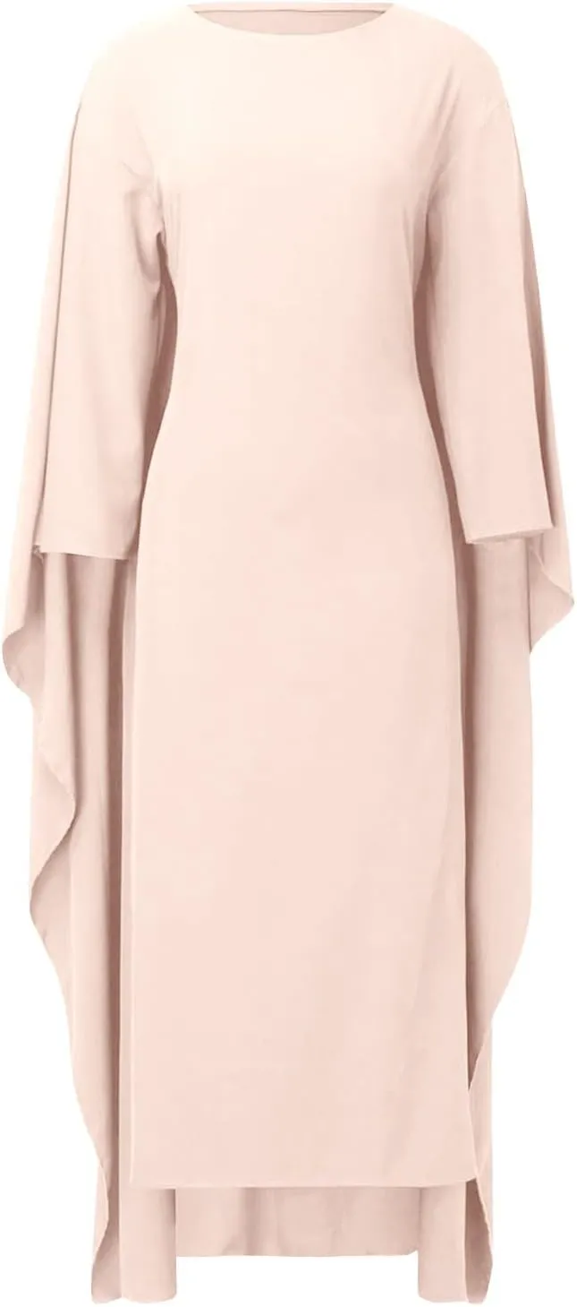 Satin Party Dress Robe Abaya Muslim Women Elegant Solid Round Neck Bat Sleeves Loose Turban for Men Head
