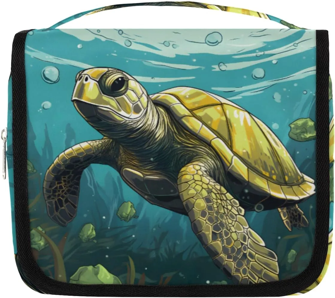 Sea Turtle Hanging Travel Toiletry Bag Kit Makeup Case Cosmetics Organizer Underwater Animal Toiletry Bag for Women Make up Accessories Shampoo Body Cream Brushes Set