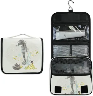 Seahorse with Watercolor Starfishes, Fishes and Plants, Coral Reefs Hanging Wash Gargle Toiletry Bag Travel Cosmetic Makeup Case Organizer Storage Large Portable