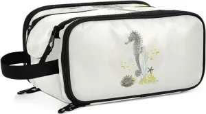 Seahorse with Watercolor Starfishes, Fishes and Plants, Coral Reefs Women's Portable Makeup Bag with Handle, Cosmetic Bag, Travel Cosmetic Bag Durable Toiletry Storage Organizer 11 x 7 x 5.7 inch