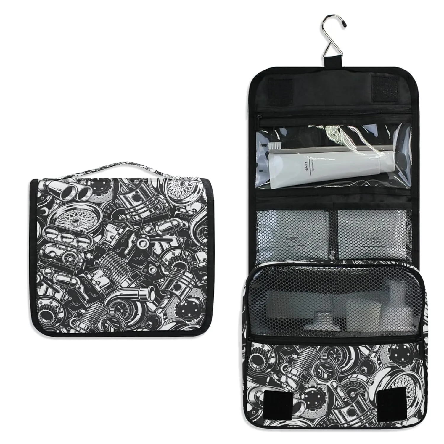 Seamless Car Steel Parts Monochrome Black and White Elements Travel Cosmetic Bag, Hanging Toiletry Wash bag, Portable Makeup Organizer Brush Case, Storage Bag with Hook for Bathroom Toilet