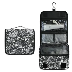 Seamless Car Steel Parts Monochrome Black and White Elements Travel Cosmetic Bag, Hanging Toiletry Wash bag, Portable Makeup Organizer Brush Case, Storage Bag with Hook for Bathroom Toilet