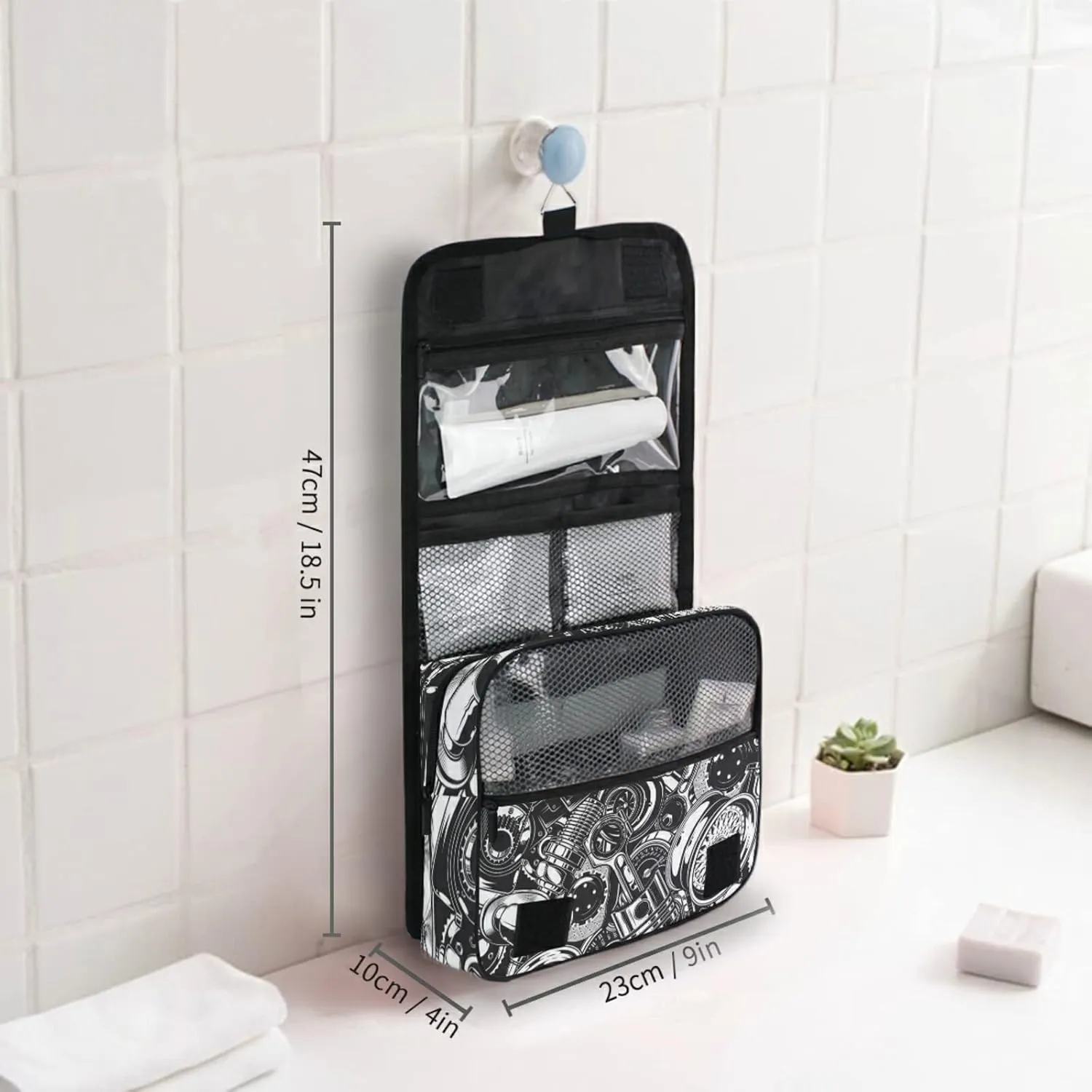 Seamless Car Steel Parts Monochrome Black and White Elements Travel Cosmetic Bag, Hanging Toiletry Wash bag, Portable Makeup Organizer Brush Case, Storage Bag with Hook for Bathroom Toilet
